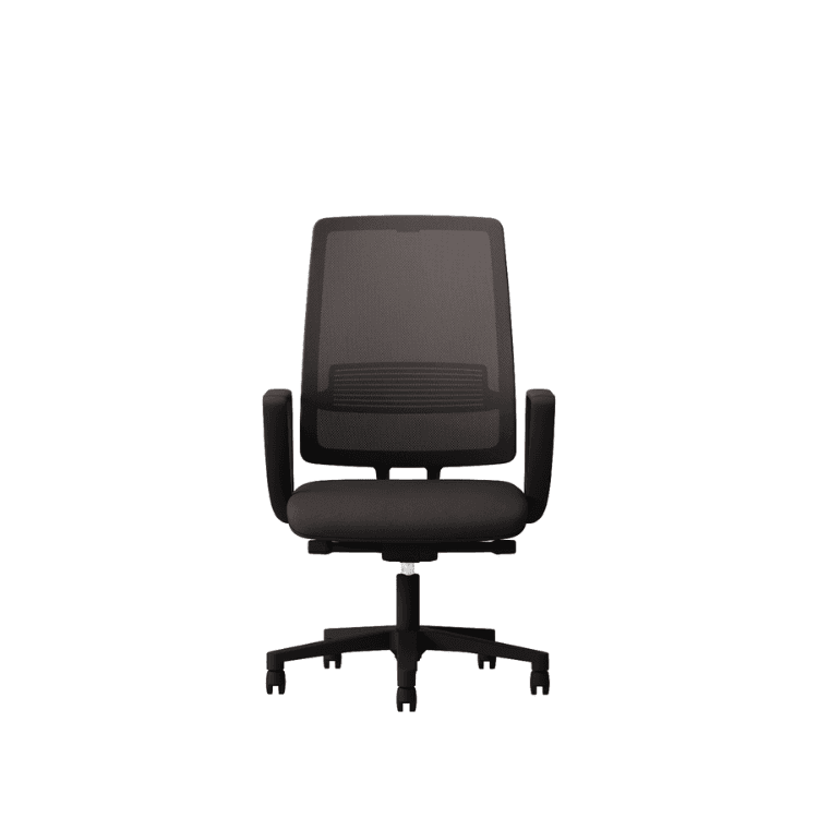 Front view of a black Star chair with mesh back and cushioned seat.