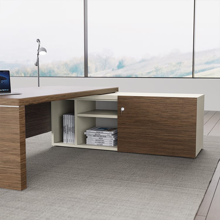 Modern Titano Office Cabinet in wood and white finish with open shelves and lockable storage.