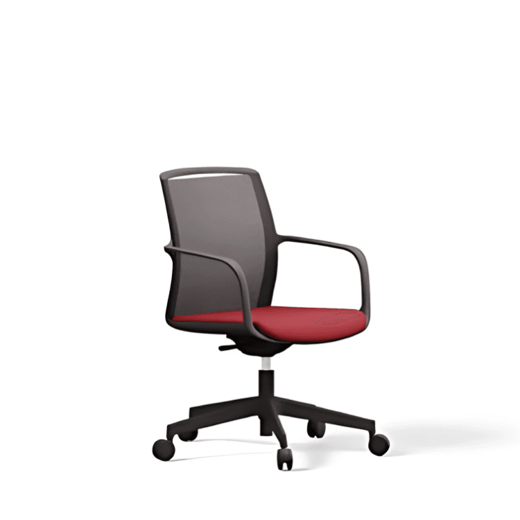 Ergonomic Troupe task chair with breathable mesh back and red seat cushion.