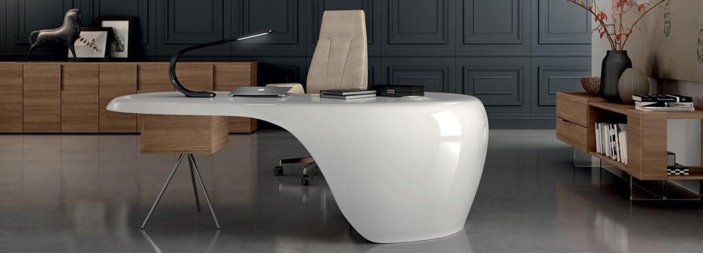 Sleek white UNO executive desk with wood accents, modern design.