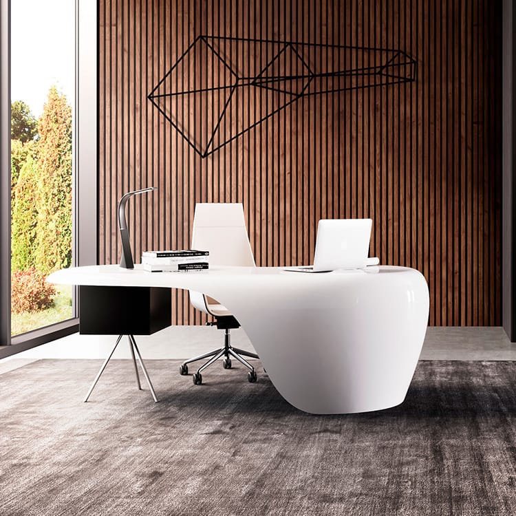 White UNO executive desk with futuristic curves, black accents, and a modern design.