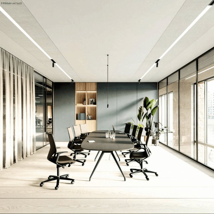Modern conference room featuring a Versa Conference Table, chairs, and plants.