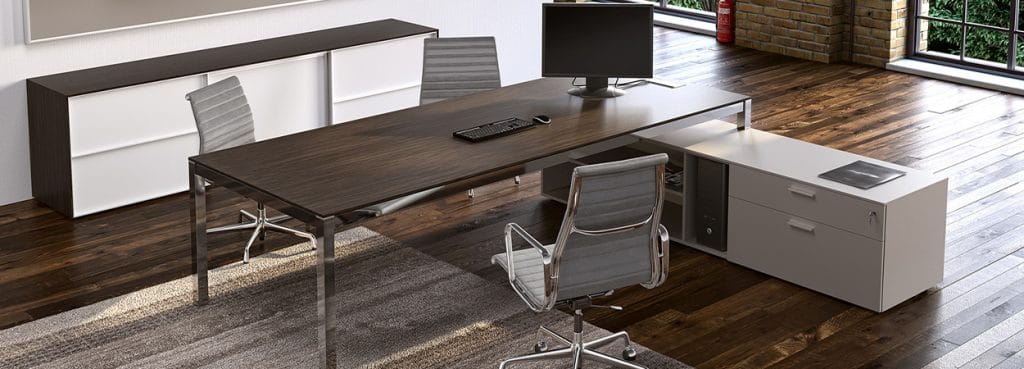 Alea Zefiros workstation with a dark wood desk, gray chairs, and white storage cabinets.
