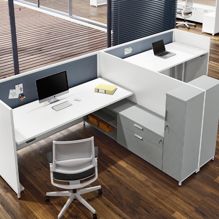 White and gray Crono desk system with dividers, storage, and ergonomic chair.