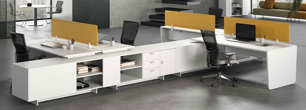 Modern Metrik workstation by Della Rovere. White desks with yellow screens and storage. Open office design.