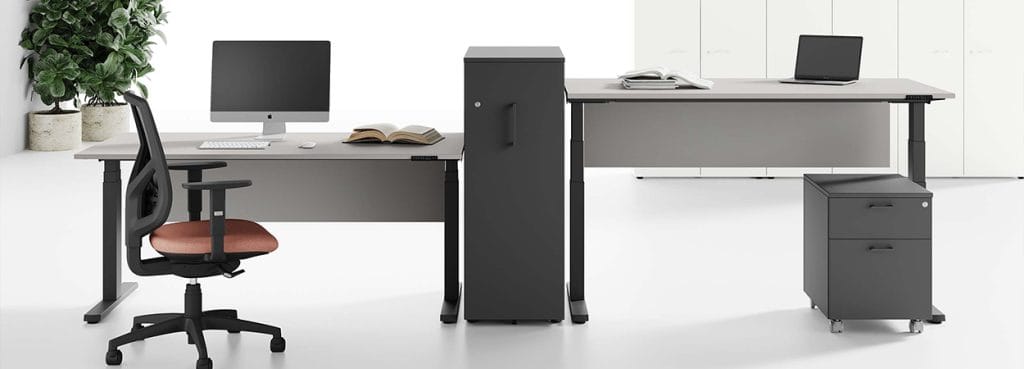 Ergonomic UP office furniture: adjustable desk, chair, and storage. Modern design for flexible workspaces.