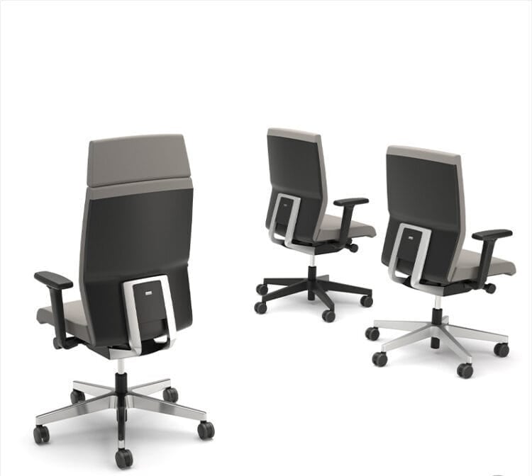 Three YOSTERis3 task chairs, rear view, gray and black, on a white background.