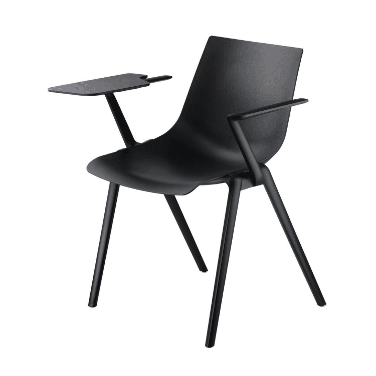 Black Aula chair with armrests and writing tablet, ergonomic seating for seminars.