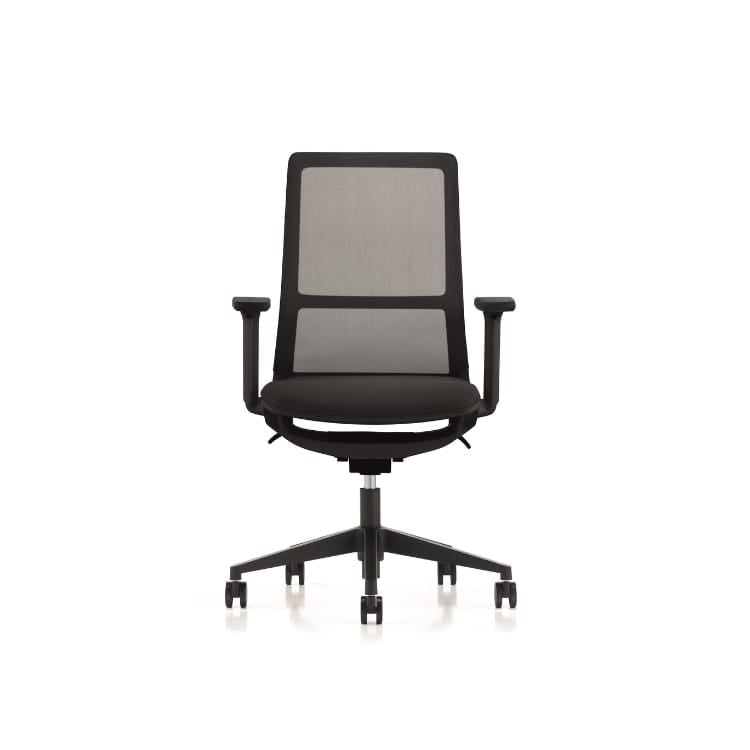 Front view of a black Idol ergonomic office chair with mesh backrest.