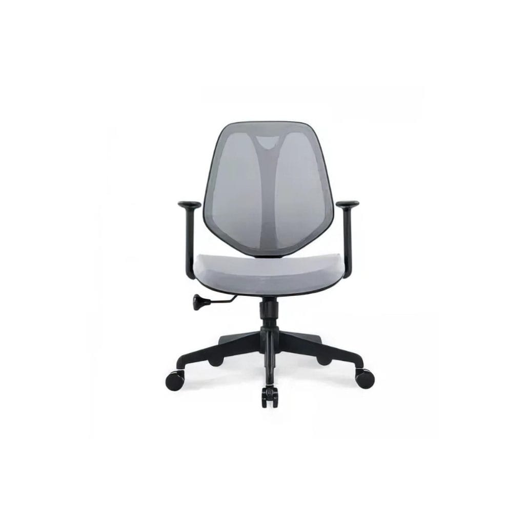 Gray Moira office chair with fabric seat, fixed armrests, and nylon frame on a white background.