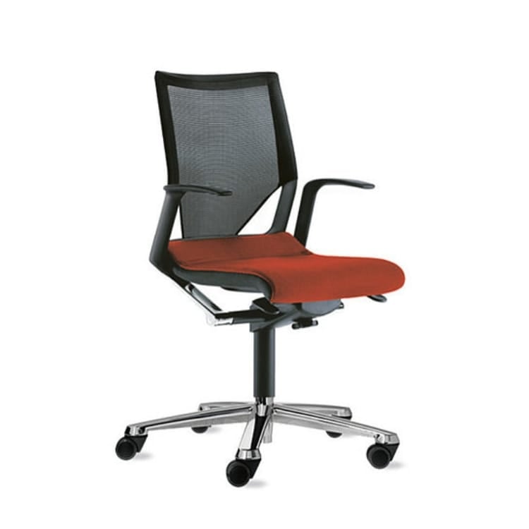 Wilkhahn Modus chair in red fabric and black mesh, ergonomic office seating.