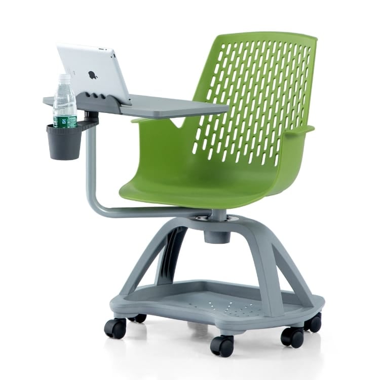 Green Cloud chair with tablet, cup holder, and caster wheels, ideal for collaborative workspaces.