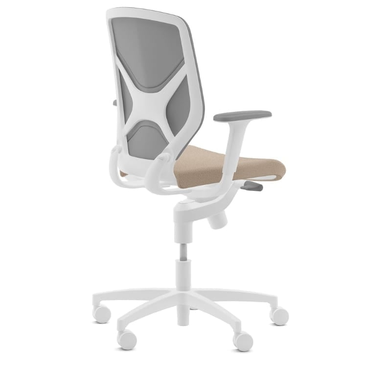 White Wilkhahn IN office chair with gray mesh back and beige seat, rear angle.