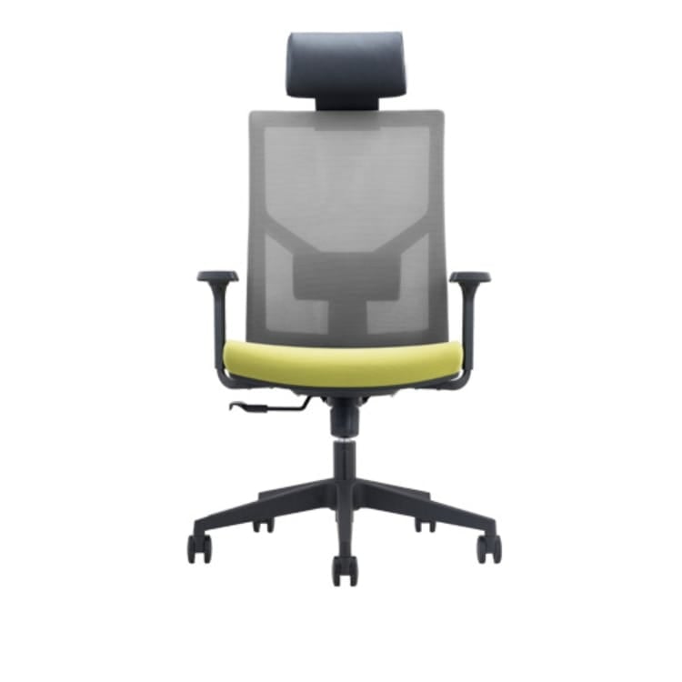 Ergonomic CH-226 mesh chair in gray and lime green. Adjustable lumbar support and armrests for open spaces and private offices.