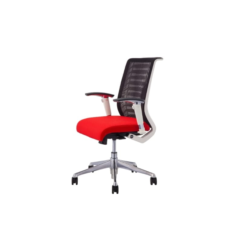 Scope ergonomic office chair, red seat, mesh back, and adjustable features.
