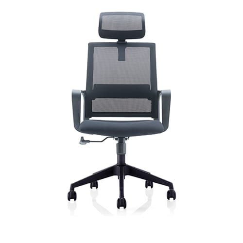 Front view of a gray CH-219A ergonomic mesh office chair with headrest, armrests, and a five-star base.