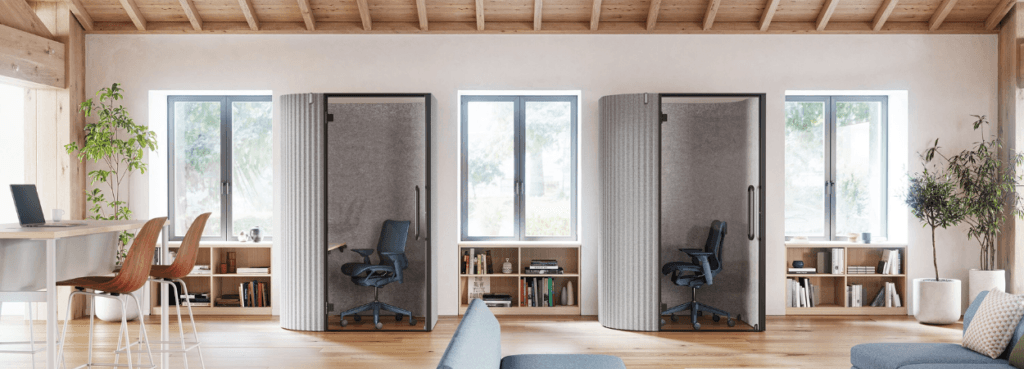 Modern office with two Bay Work Pods. Private, customizable space for focused work.