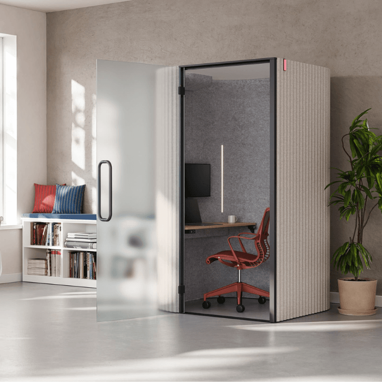 Modern Bay Work Pod with frosted glass door, desk, chair, and light.