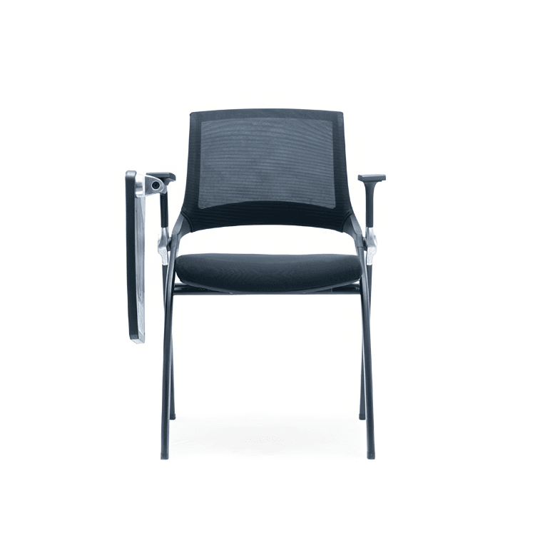 Modern CH-270 black mesh chair with writing tablet, perfect for seminars and training rooms.