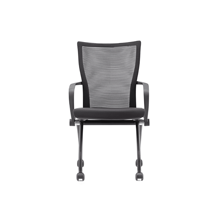 Front view of CH-077 seminar chair in black mesh with armrests and wheels.