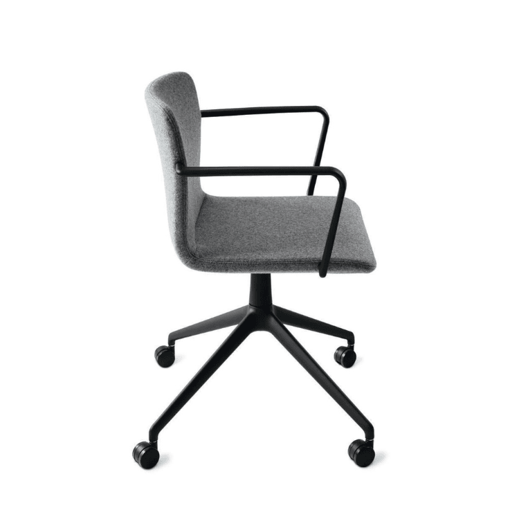 Side view of a gray Pep chair with black armrests and base.