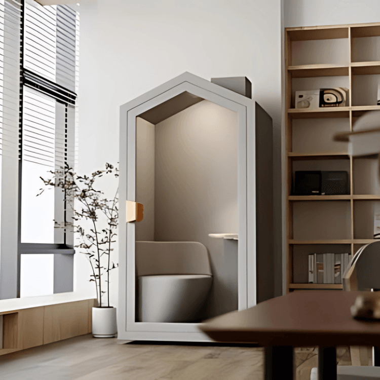 Minimalist gray Home Pod booth with a seat and small table inside. Modern, soundproof home office.