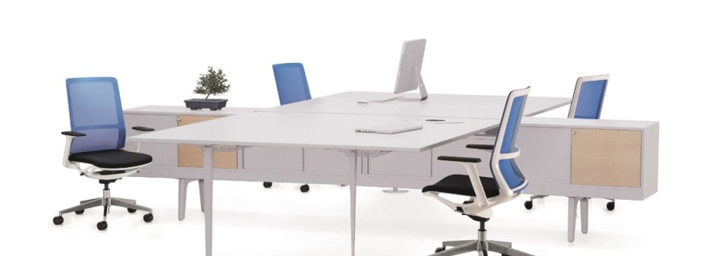 Ergonomic Idol office chair with blue mesh back and black seat.