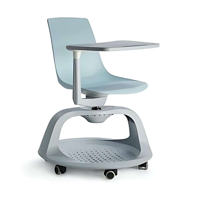 Modern KLC Seminar Chair in light blue with a writing tablet and rolling base.