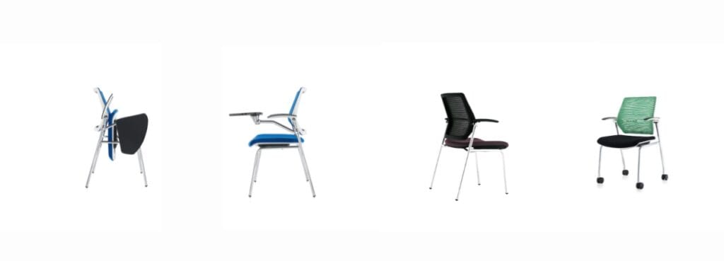 Very seminar chair, mesh back, foldable seat, stackable design.