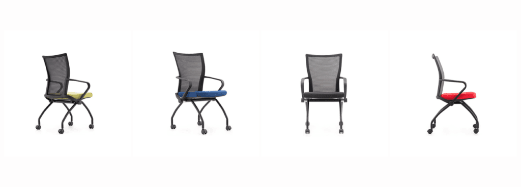 CH-077 seminar chair with mesh back, armrests, and colorful seat cushions.