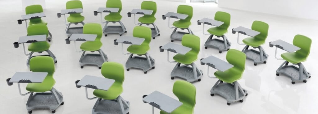 D-1825 seminar chairs. Green seats, gray tablet arms and bases, four-legged, foldable seating for collaborative spaces.