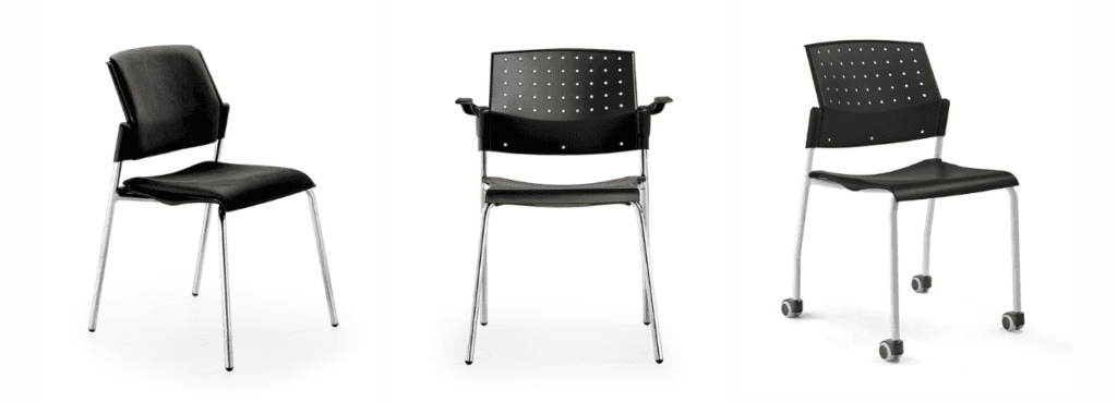 Movie chair, black seat and back with silver legs, seminar seating.