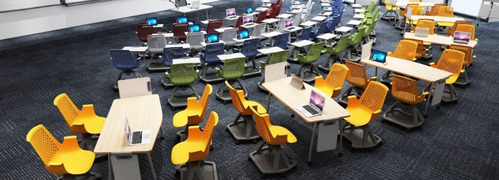 Classroom featuring Cloud chairs with tablets in various colors.