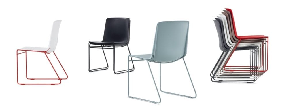 Modern Pronta stacking chair in white, black, blue, and stacked colors. Perfect for seminars and cafes.