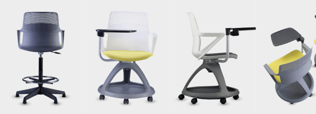 Rover mobile seminar chair, mesh back, swivel table, built-in storage.