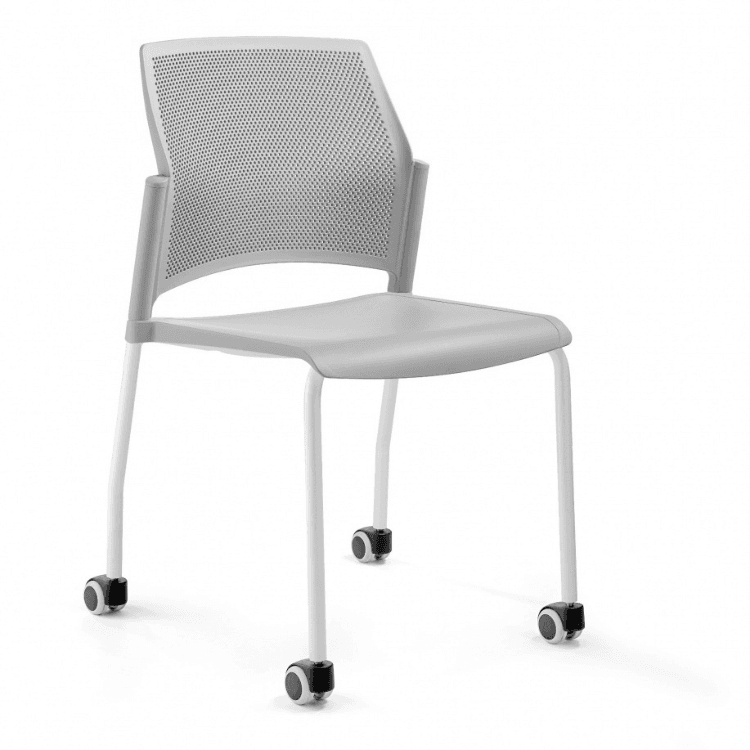 Gray Replay seminar chair with white frame and casters. Stackable seating.