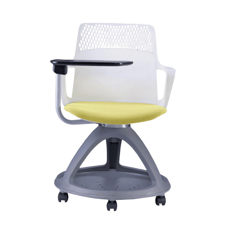 Rover mobile seminar chair. White frame, yellow seat, black swivel table, and grey base with wheels.
