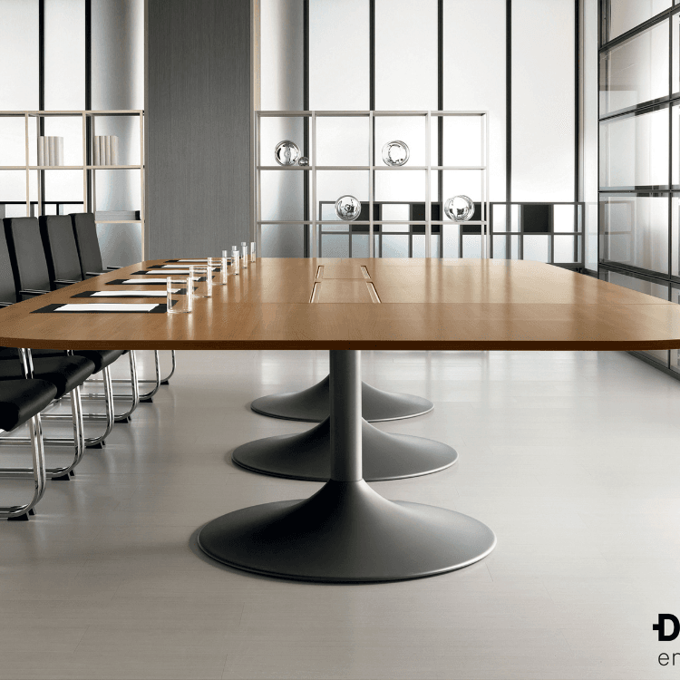 Modern UNI Meeting Table with wood top and metal base in office setting.
