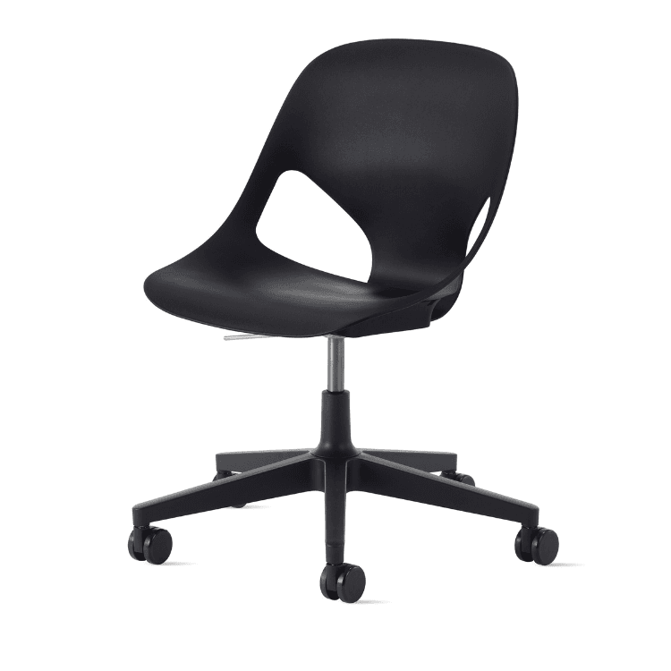 Black Zeph chair with a five-wheeled base. Modern ergonomic design. Perfect for any office.