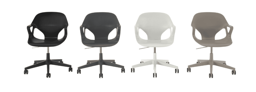 Four Zeph chairs in black, dark gray, white, and light gray, showcasing a modern design with armrests and a wheeled base.