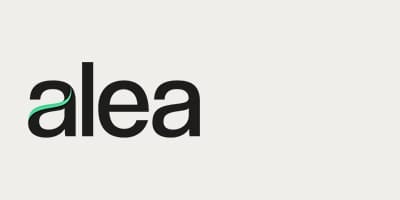 Alea logo. Black lettering with a green flourish on the first 'a'.