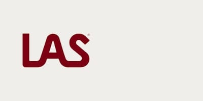 LAS logo. Maroon lettering on a light background.