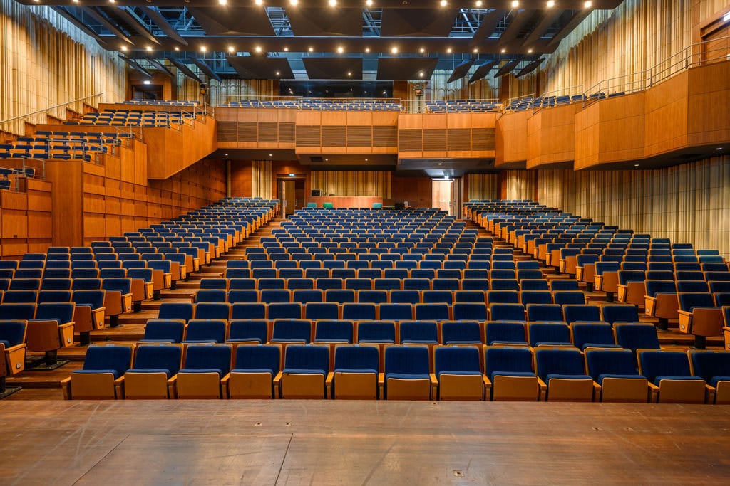Strovolos Municipal Theatre seating before 2025 upgrade. Interior view of str_theatre1.jpg.