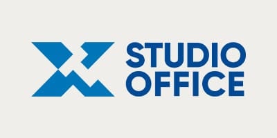 Studio Office logo. Blue geometric icon with the text STUDIO OFFICE in a simple sans-serif font.