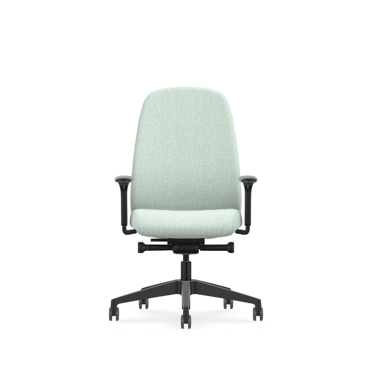 Front view of a light green HEJ office chair with black armrests and base.