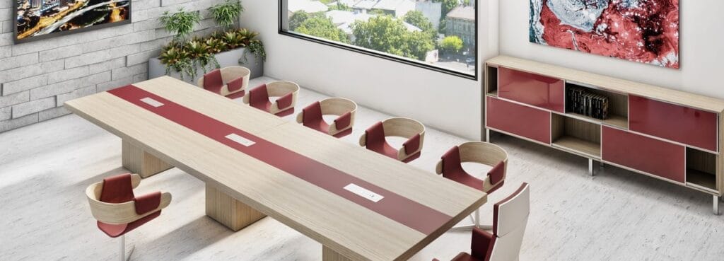 Modern office featuring the Apollo Executive desk with cabinet extension and matching chairs.