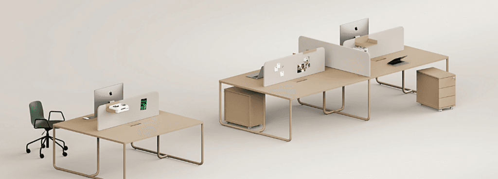 Alea Office ITUBE desk collection, featuring modular workstations with a tubular design, in a modern office space.
