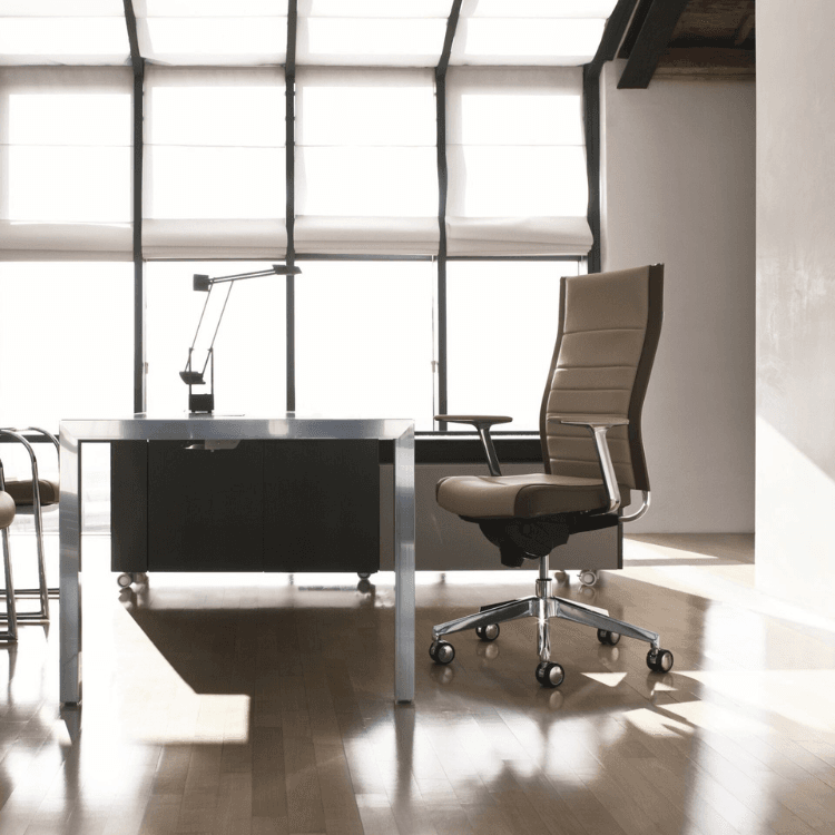 Kosmo Top executive chair in tan leather with polished aluminum base.