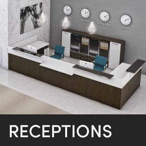 Modern reception desk with world clocks. Office receptions area.