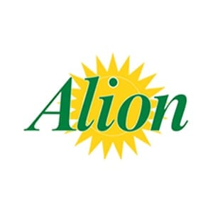 Alion logo. Our clients. Green text with a yellow sunburst background.